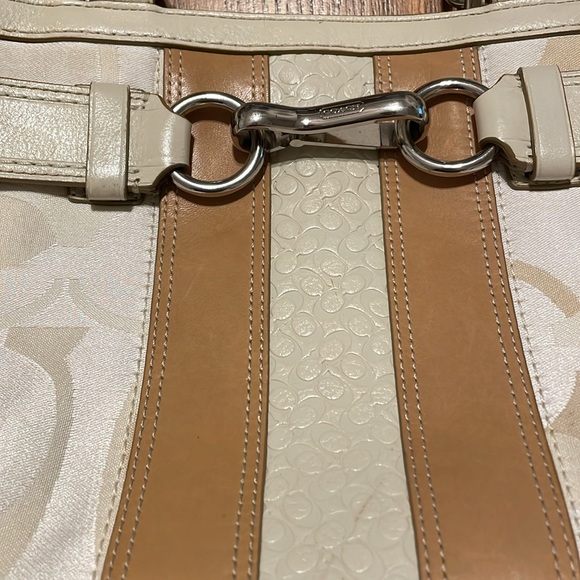 🤎🤎 Coach Signature Hampton Optic Bag Purse Stripe Cream White Satchel - Picture 3 of 16